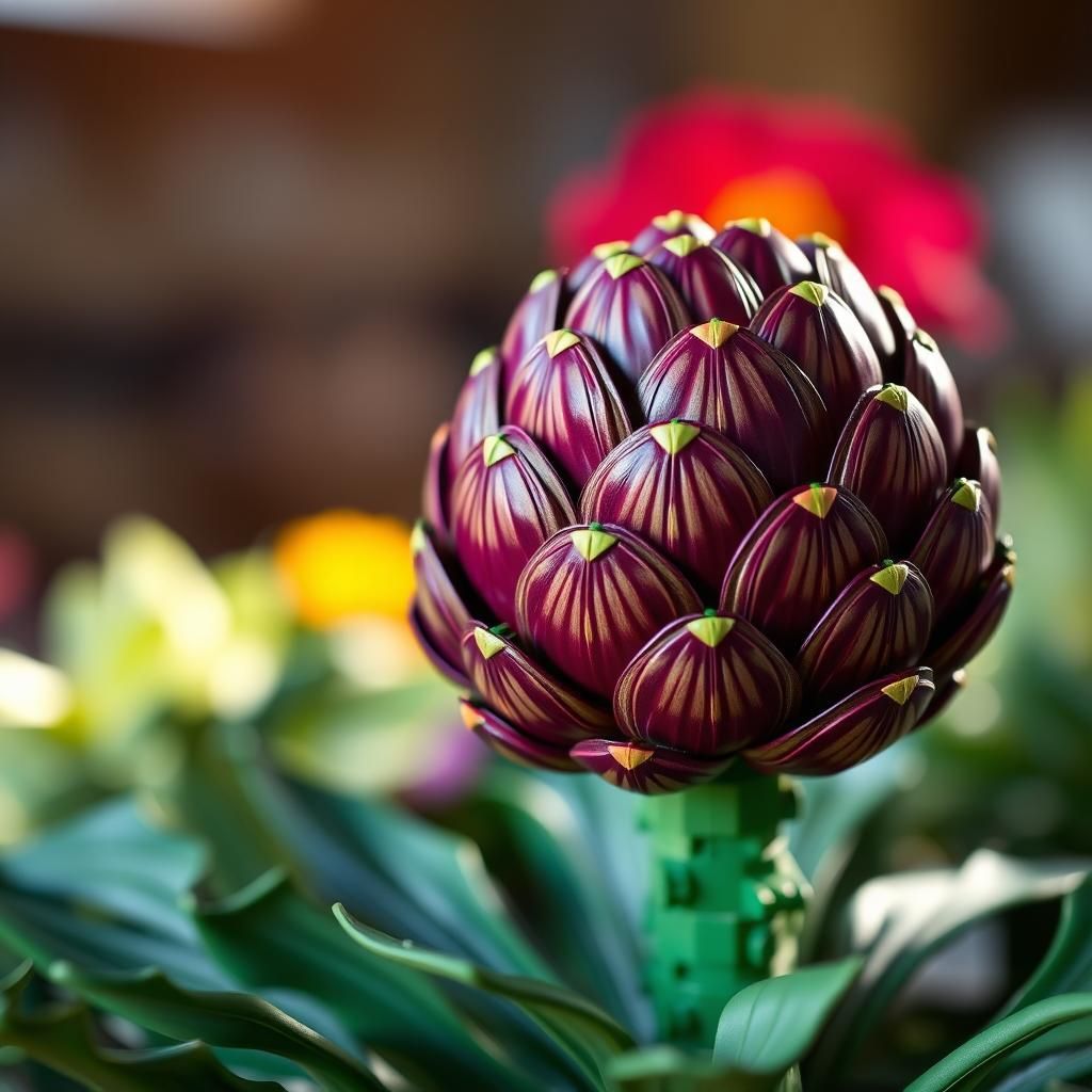 Colorful Lego Artichoke Sculpture in Natural Light