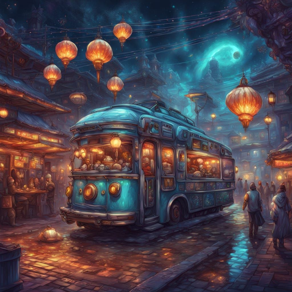 Surreal Night Market Scene with Vibrant Colors and Intricate...