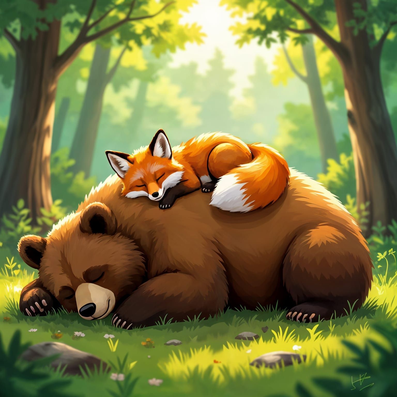 Fox Nap on Bear Belly, Forest Illustration