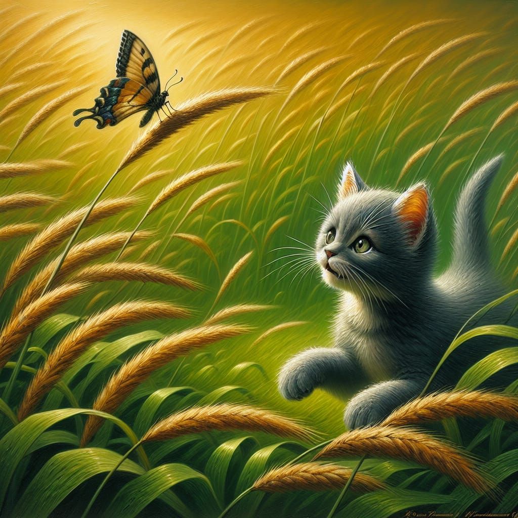 Kitten's Joyous Pursuit: An Oil Painting