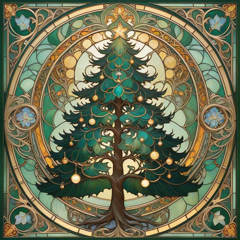 Elegant Stained Glass Christmas Tree in Photorealistic Art N...