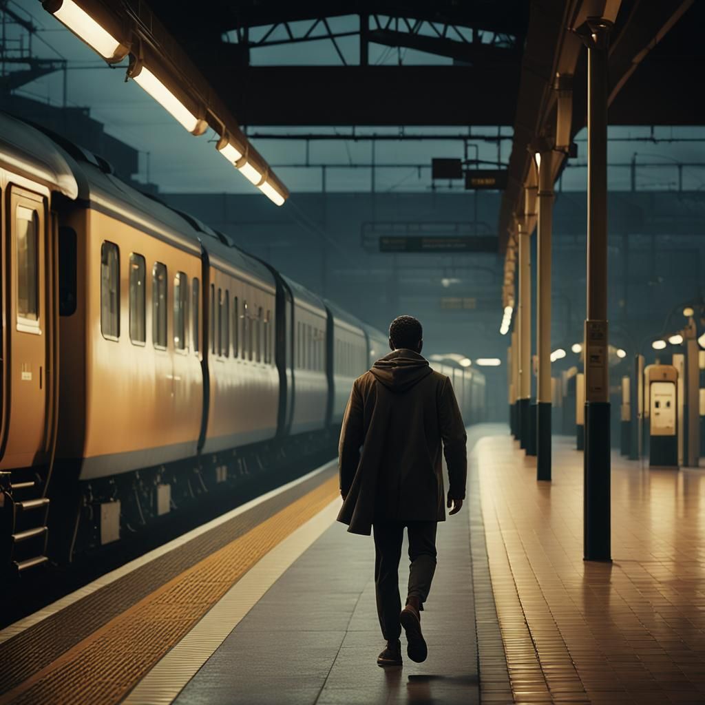 Lone Figure Runs Through Train Station at Dusk in Cinematic...