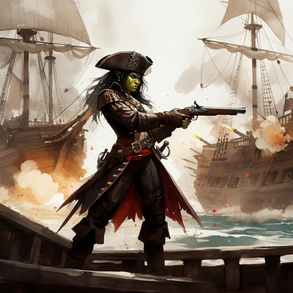 Female Orc Pirate Amidst XVII Century Galleon Battle
