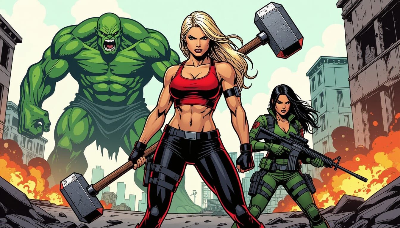 Heroic Trio in War-Torn City, Comic Book Style