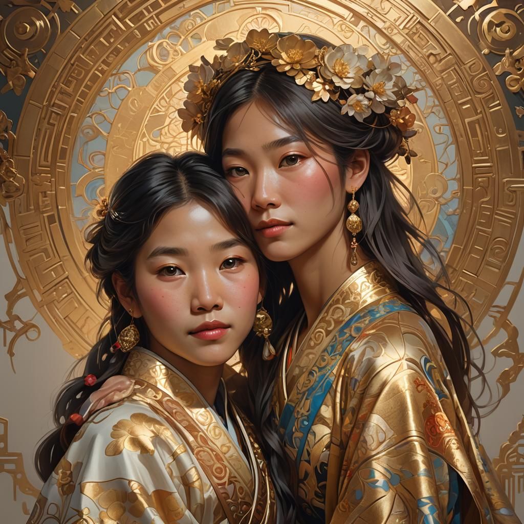 Asian Mother and Daughter Portrait in Art Nouveau Style