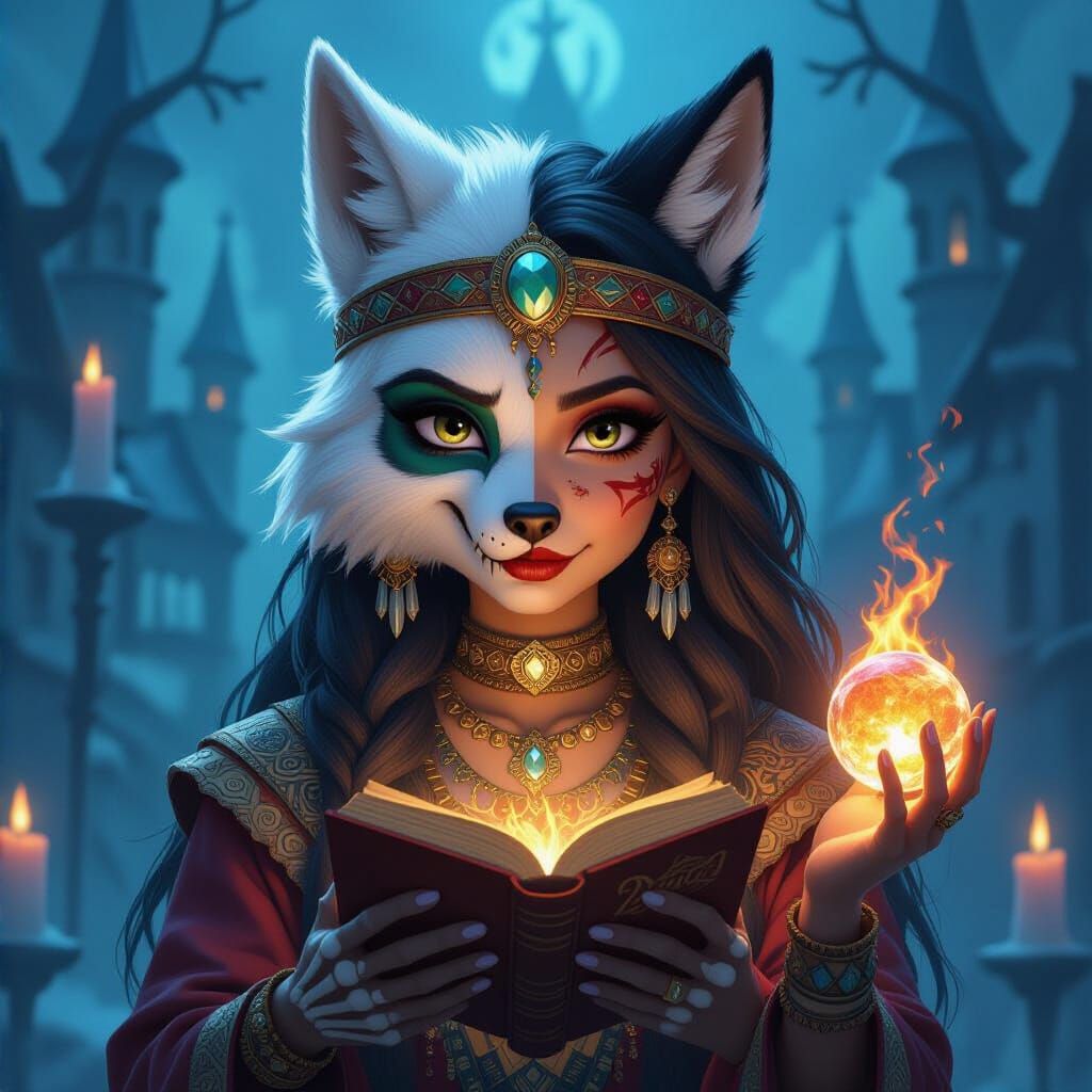 Dual Nature Portrait: Wolf-Owl Hybrid with Mystical Elements