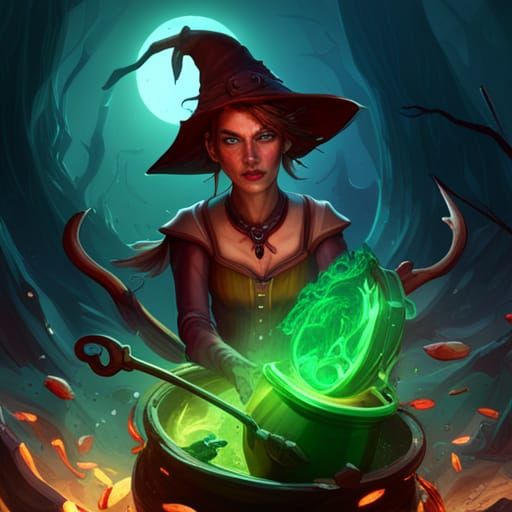 Hyperdetailed Witch with Red Eyes and Cauldron