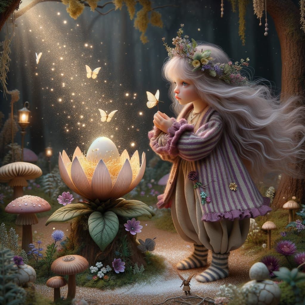 Tiny Beautiful Fairy in Enchanted Forest at Night