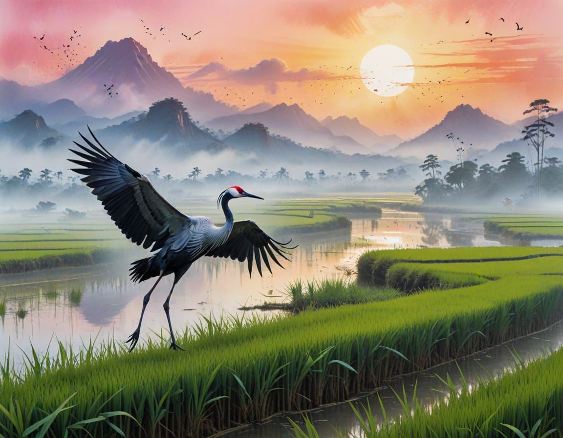 Crane Bird in Rice Paddies: Sumi-e Ink Art