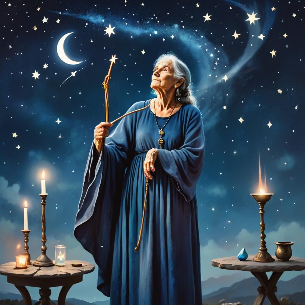 Mystical Woman Gazing at Libra Constellation