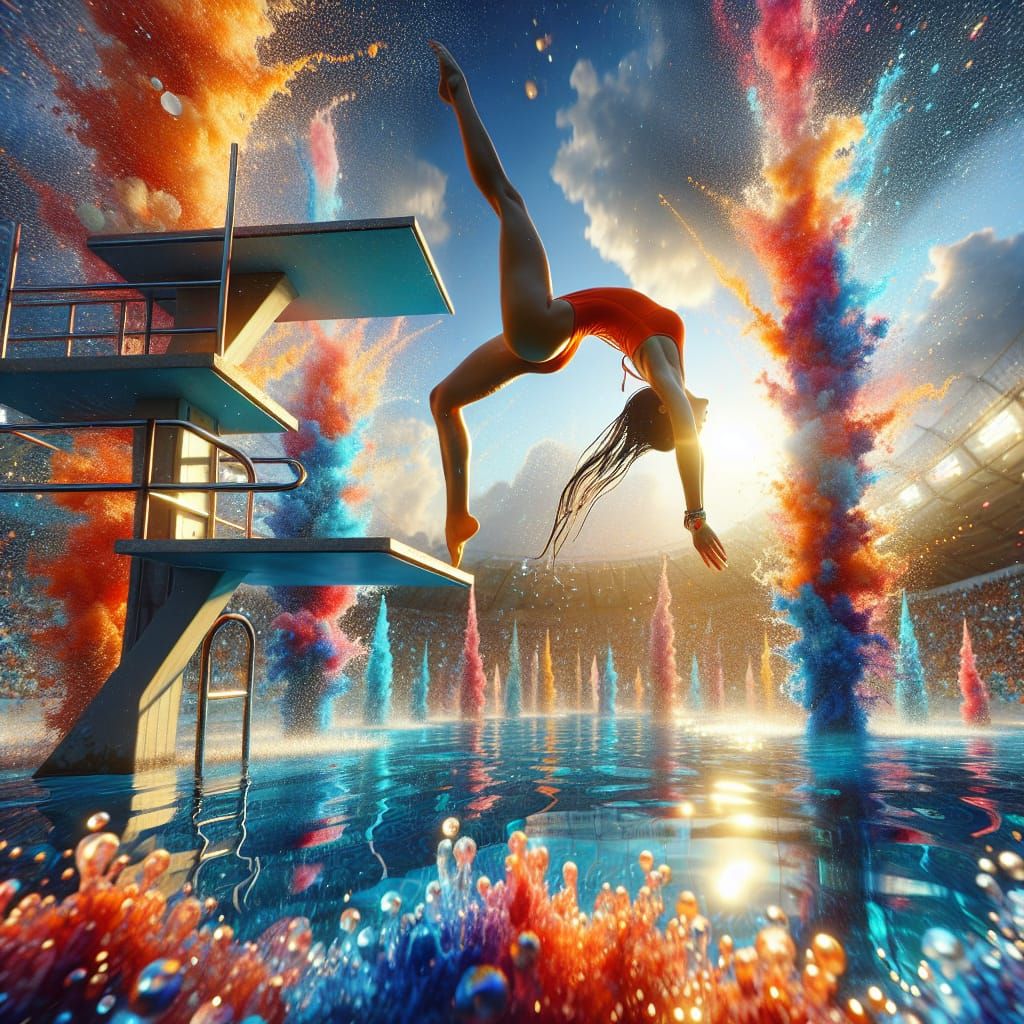 Woman's Handstand on Diving Tower, Matte Painting