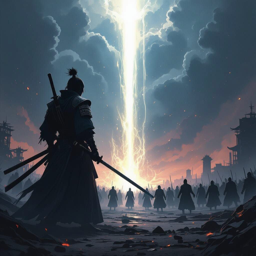 Masked Samurai in Divine Light Facing Shadow Horde