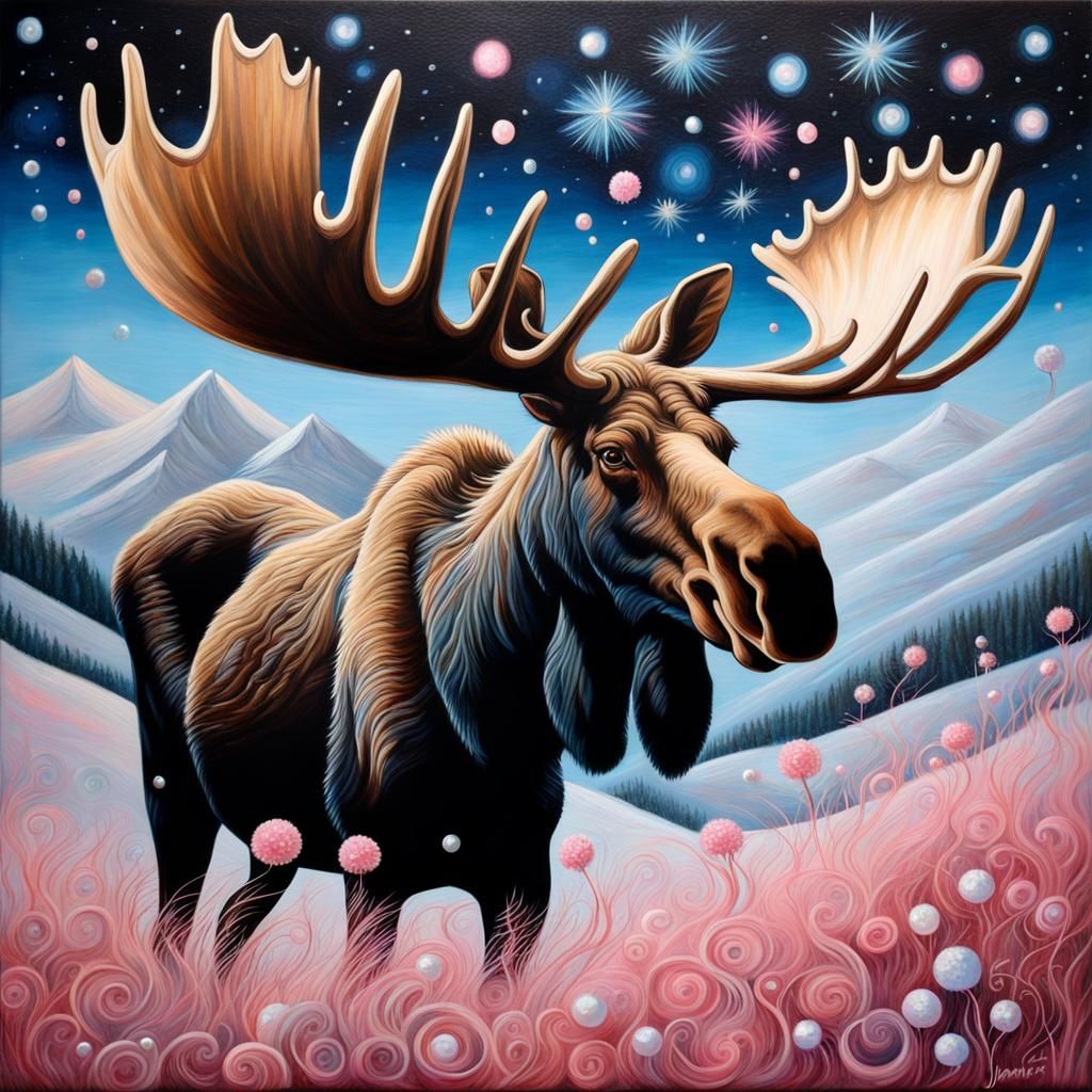 Whimsical Moose Portrait in Oil Painting Style