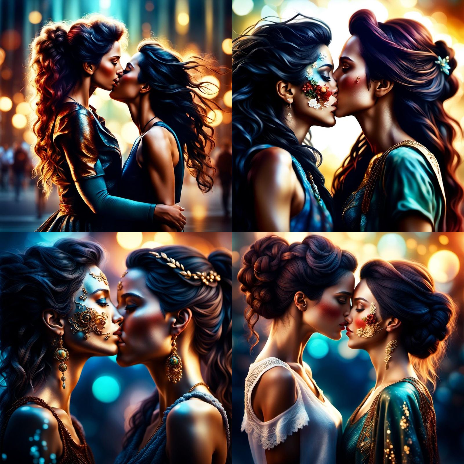 Passionate Kiss of Three Women in Hyperrealistic Style