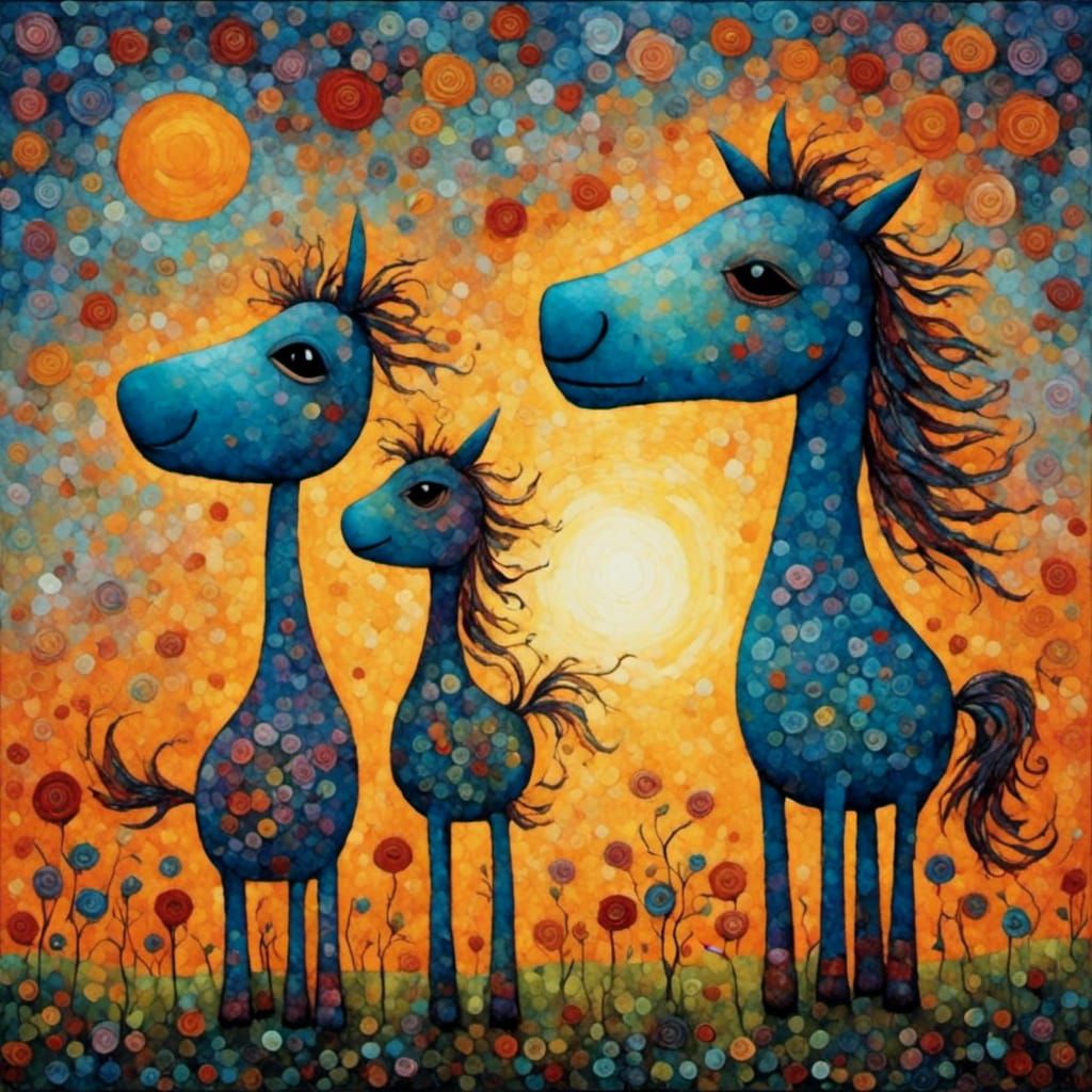 Happy Horse Friends at Sunset in Surreal Style
