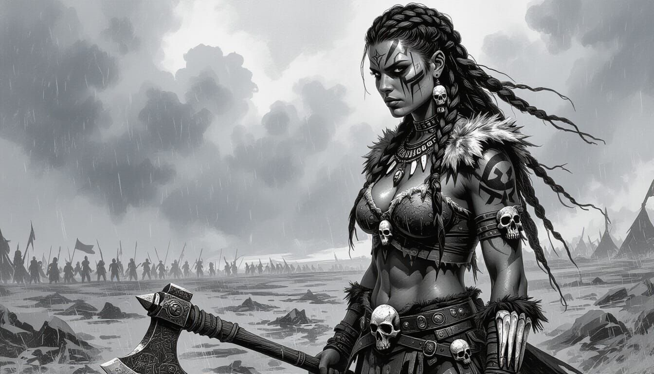 Barbarian Princess Surveys Desolate Battlefield in Pen-and-I...