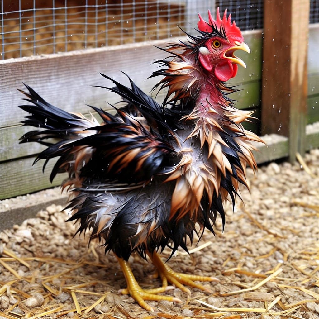 Agitated Wet Hen Flapping in Coop
