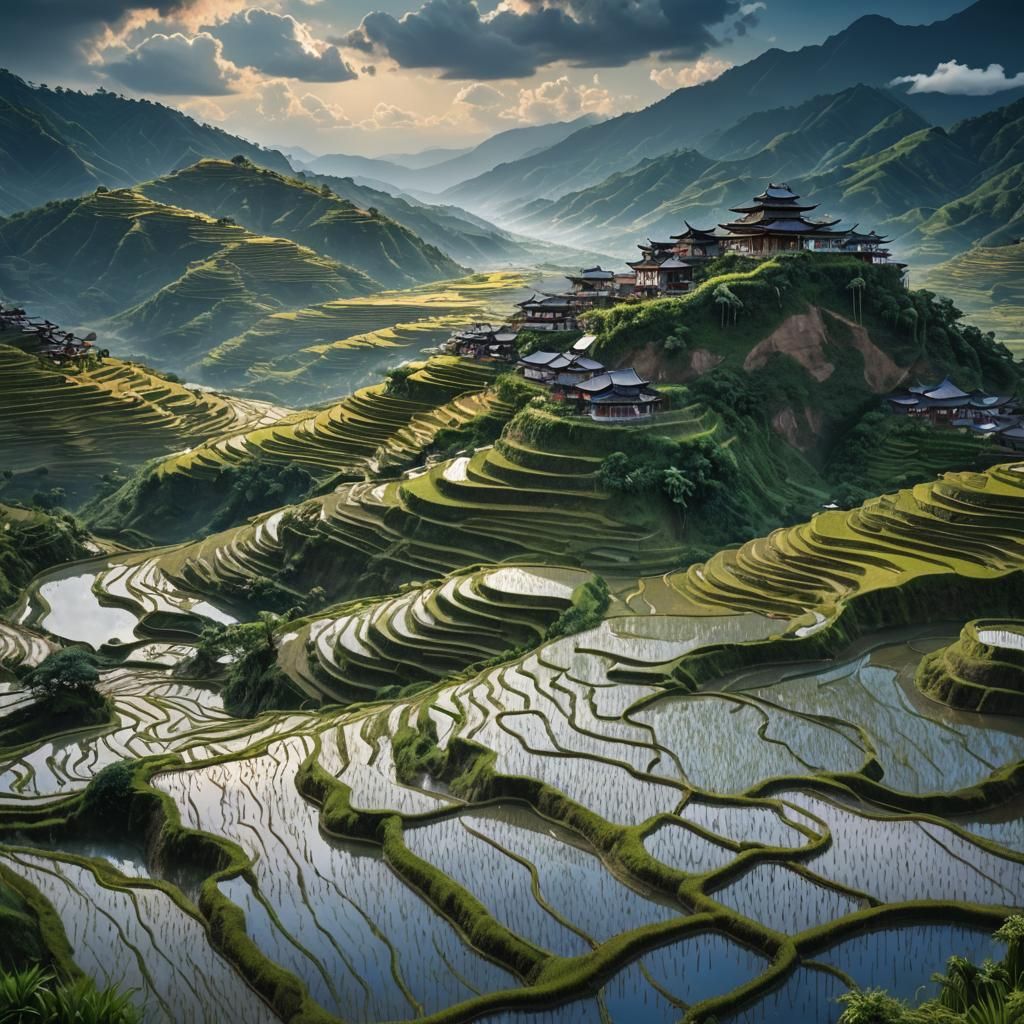 Terraced Rice Fields Reflecting Two Blue Moons