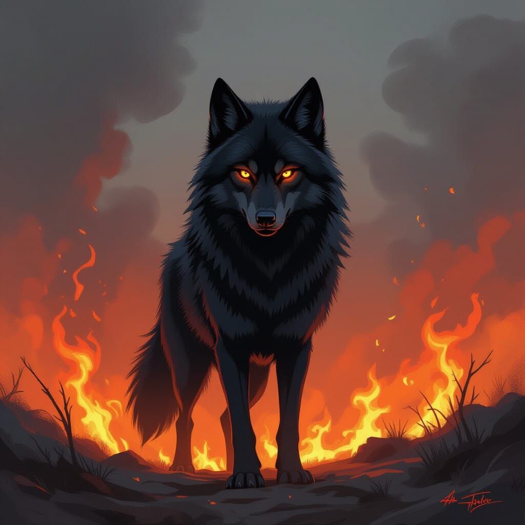 Fiery Black Wolf in Dark Fantasy Style