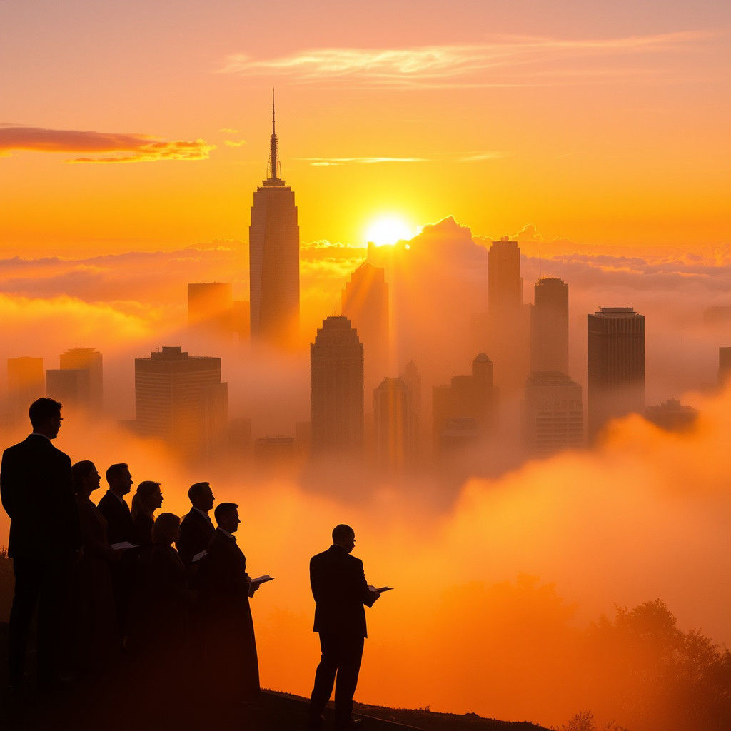 Sunrise Over Misty Cityscape in Romantic Style