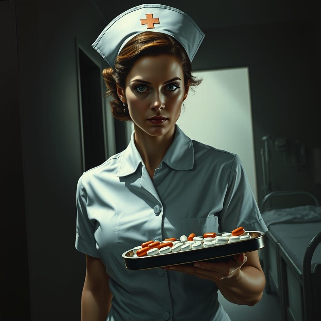 Stern Nurse with Medication in Dim Hospital Ward