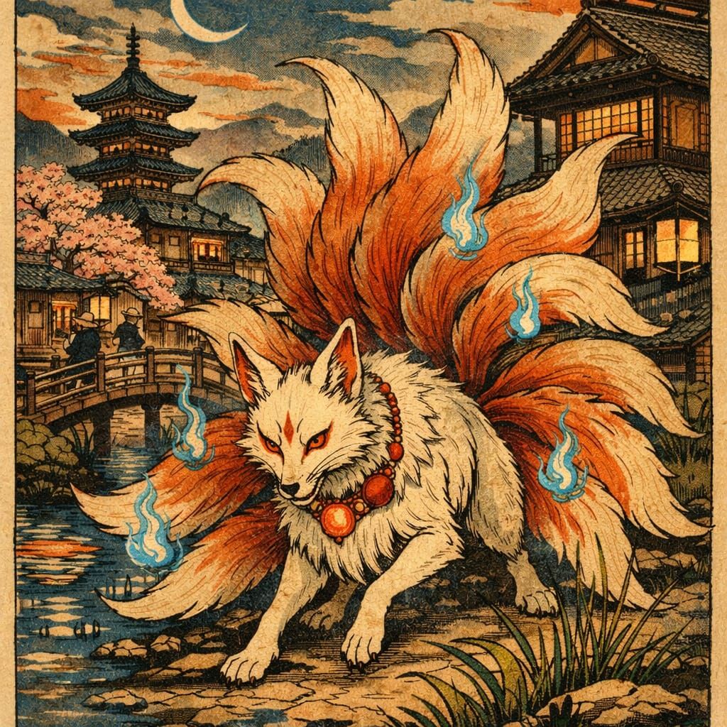 Ukiyo-e Kitsune in Medieval Japanese Village