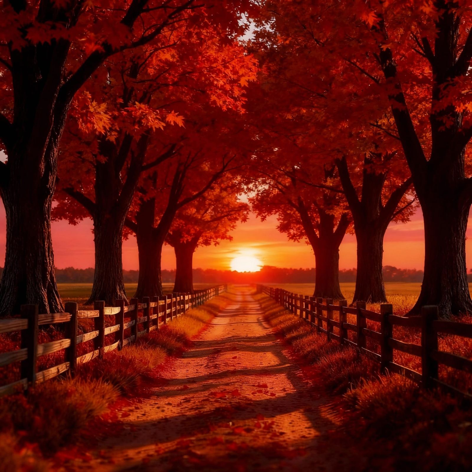 Autumn Maple Forest Path with Split Rail Fence