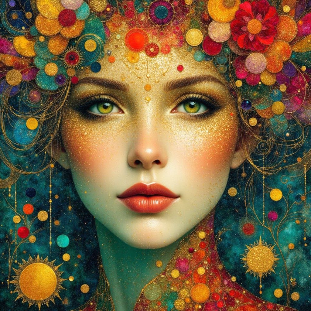 Ocean Goddess in Klimt Style with Gold, Teal, and Crimson