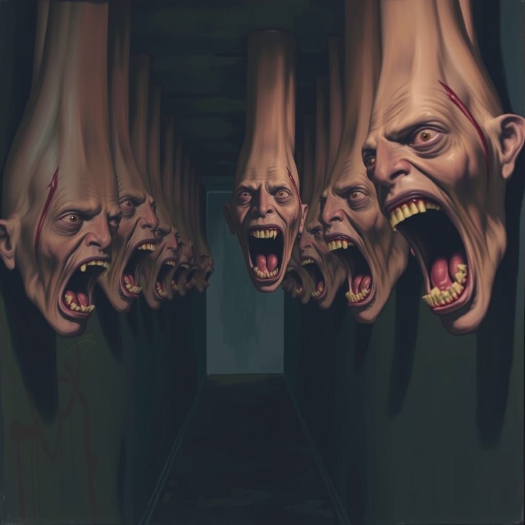 Upside-down faces line the hallway walls