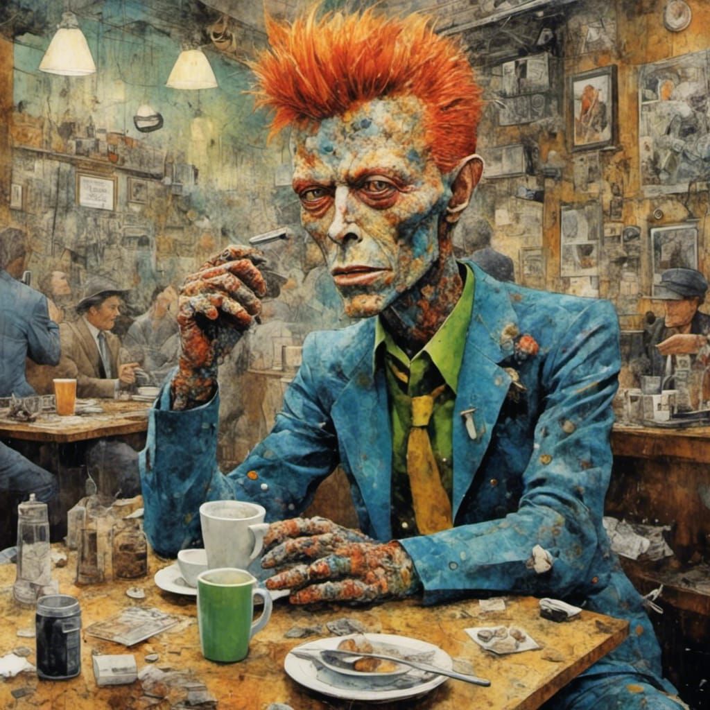 David Bowie at a Cafe with Gonzo Bugs LoRA