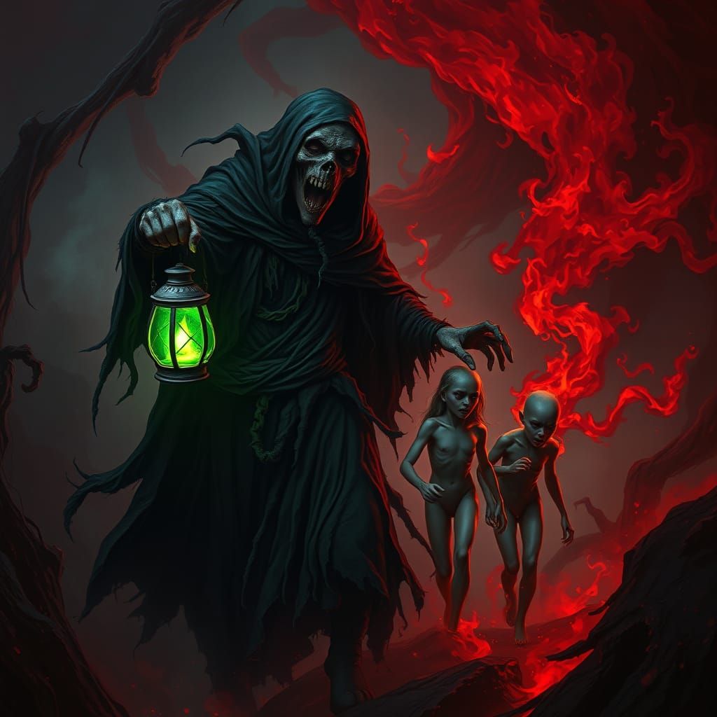 Dark Figure Leads Frail Figures into Fiery Underworld in Hau...