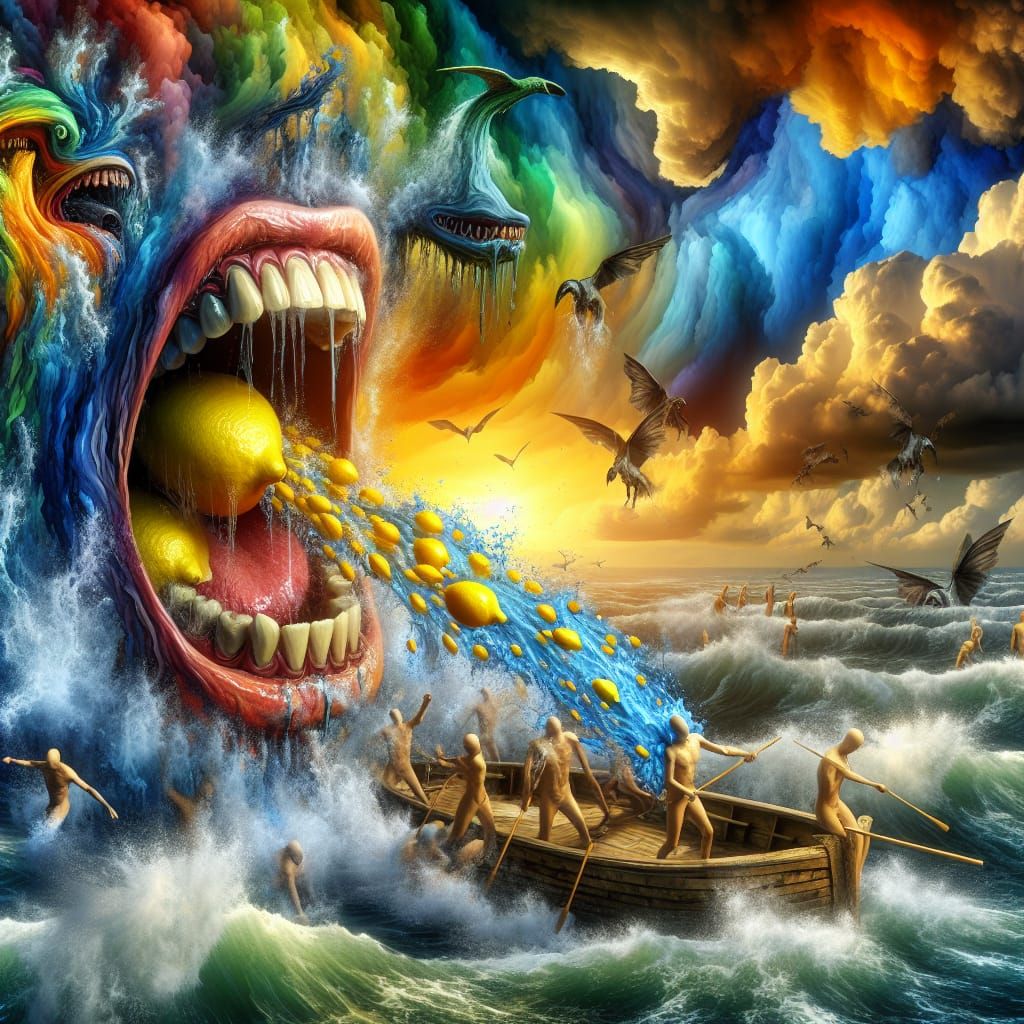 Dramatic Seascape: Lemon-Sucking Figures Unleash Demons
