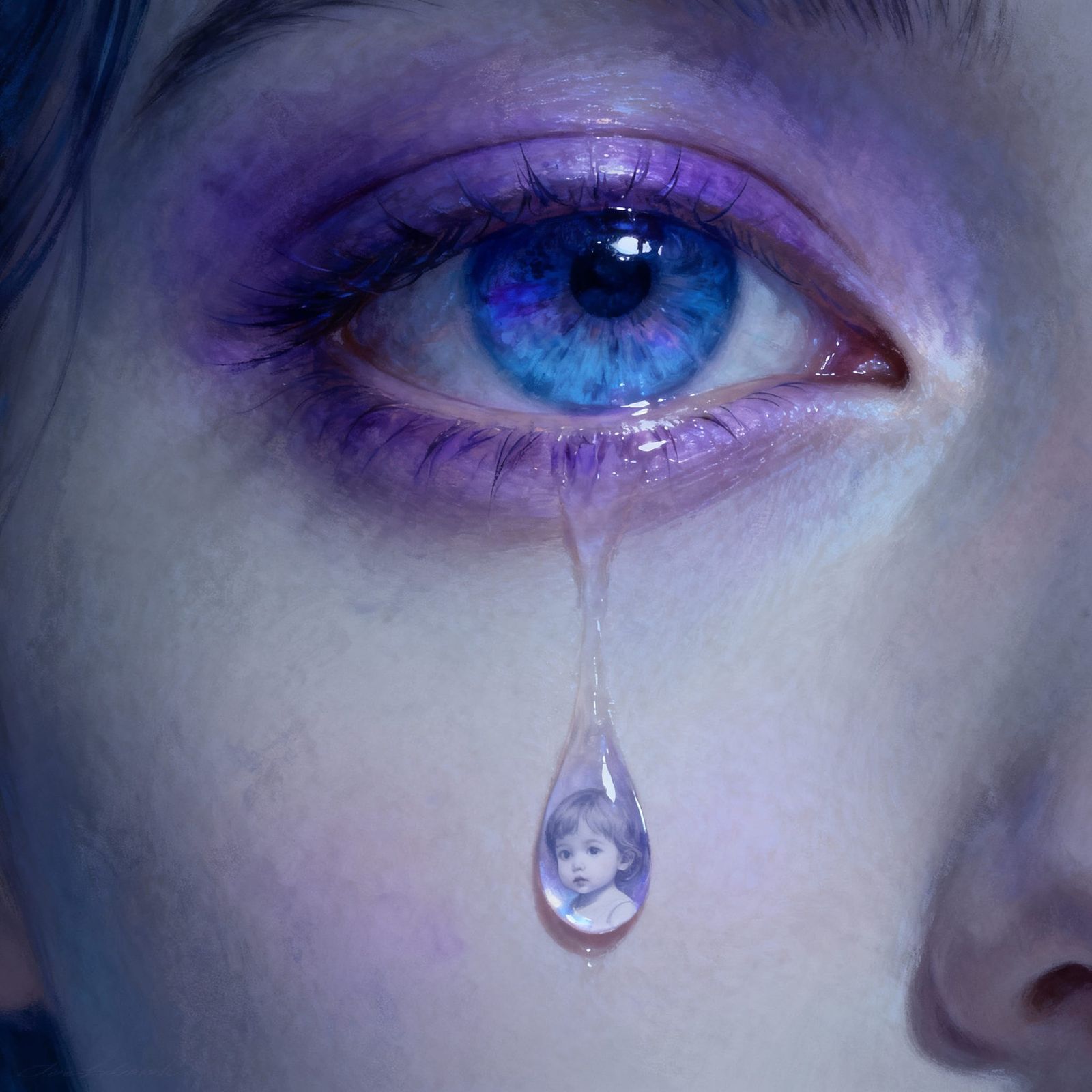 Grief Symbolized by Blue Violet Eye and Tear with Child Outl...