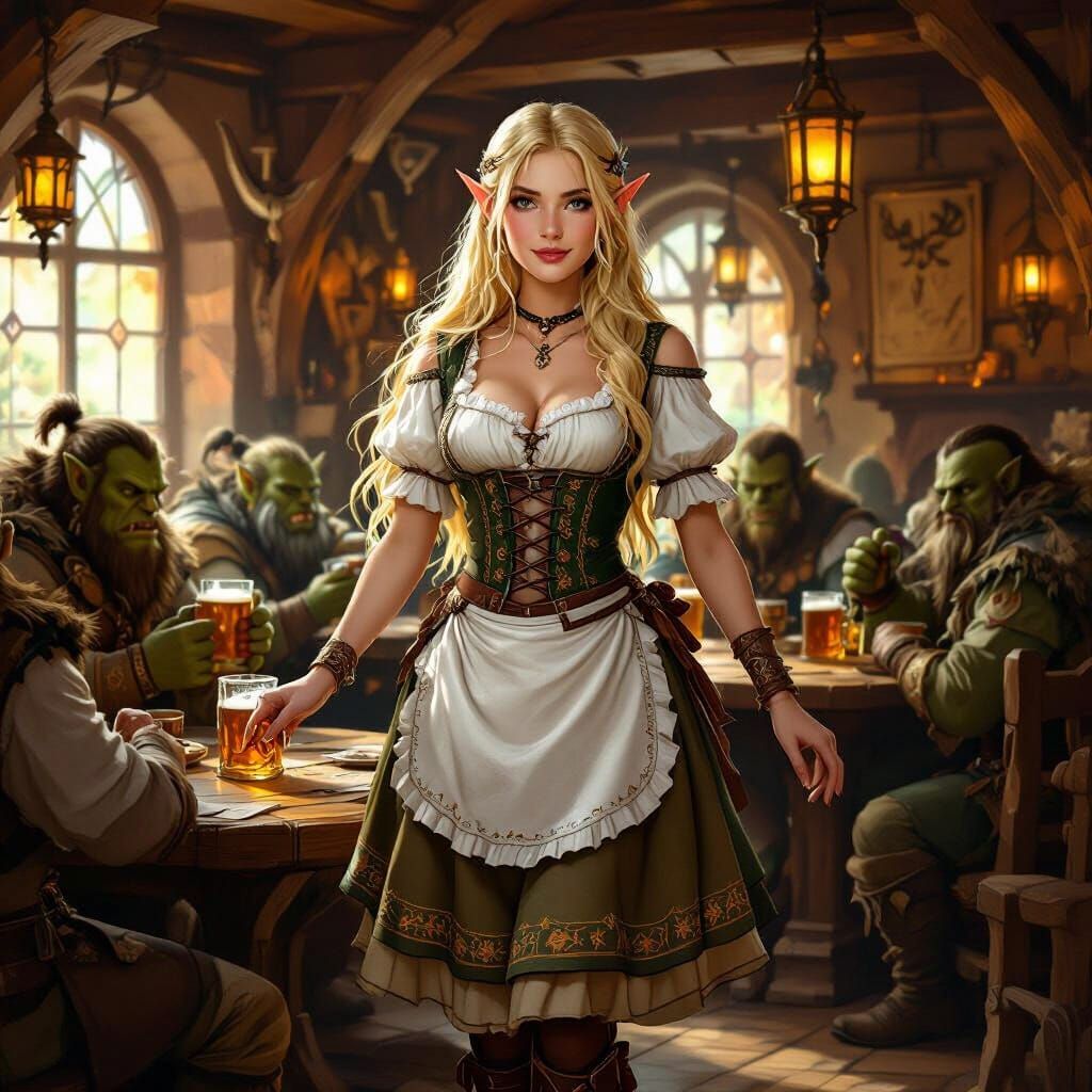 Elf Waitress in a Lively Medieval Fantasy Tavern