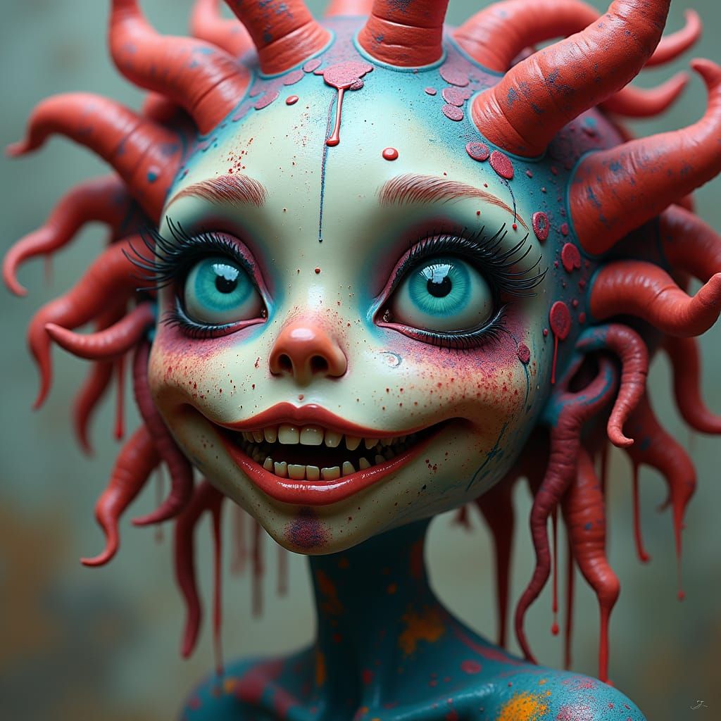 colorful and surreal creepy cartoon-like characters and shap...
