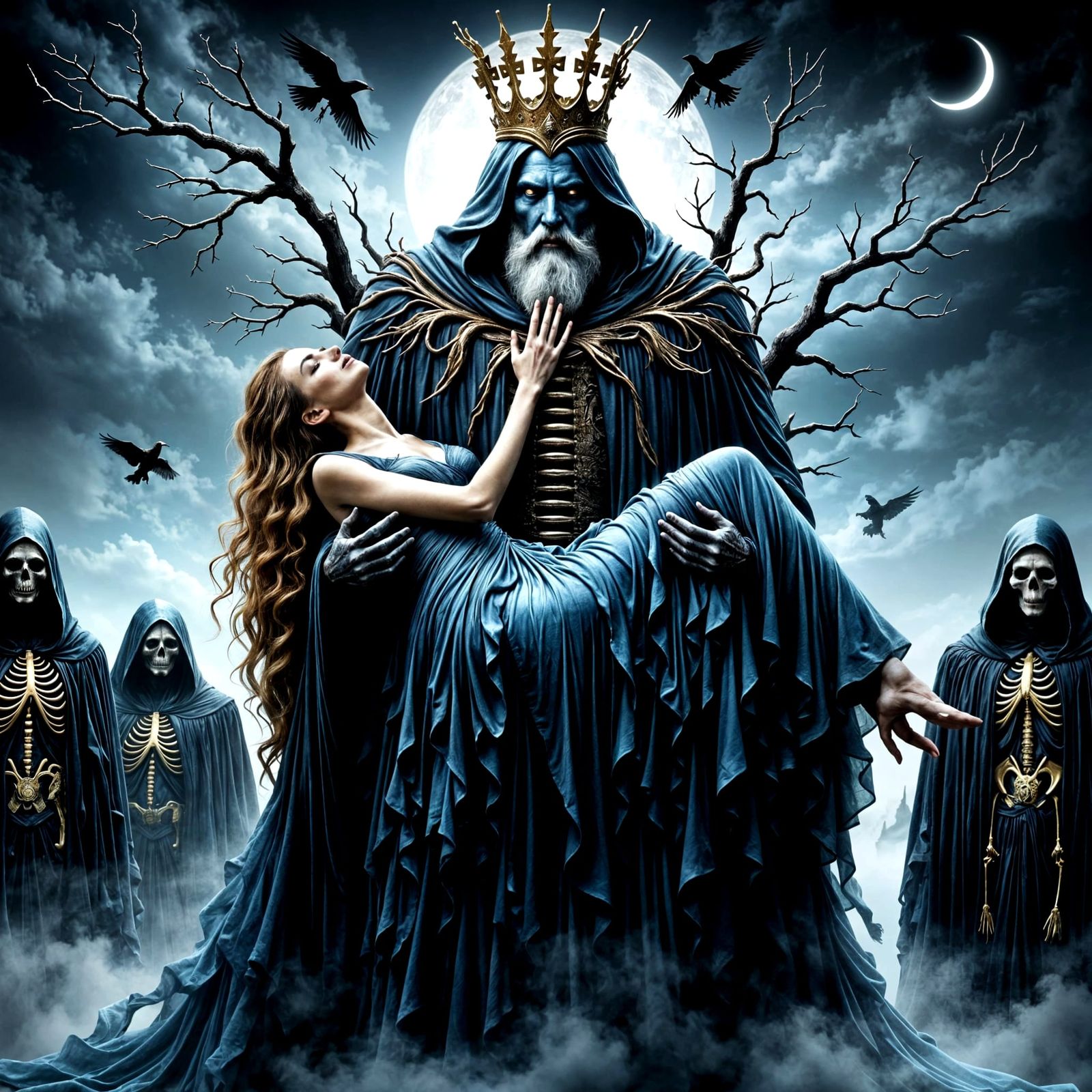 Dark Fantasy King Cradles Sleeping Woman Under Moonlit Sky