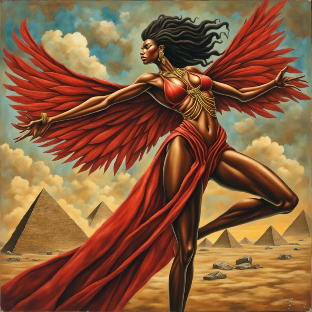 Woman with Wings Before Pyramids in Expressionist Impasto St...