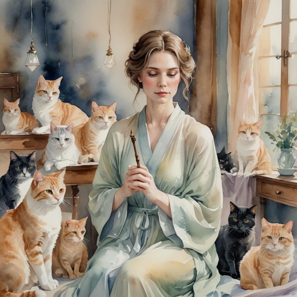 Watercolor Portrait of a Cat Whisperer