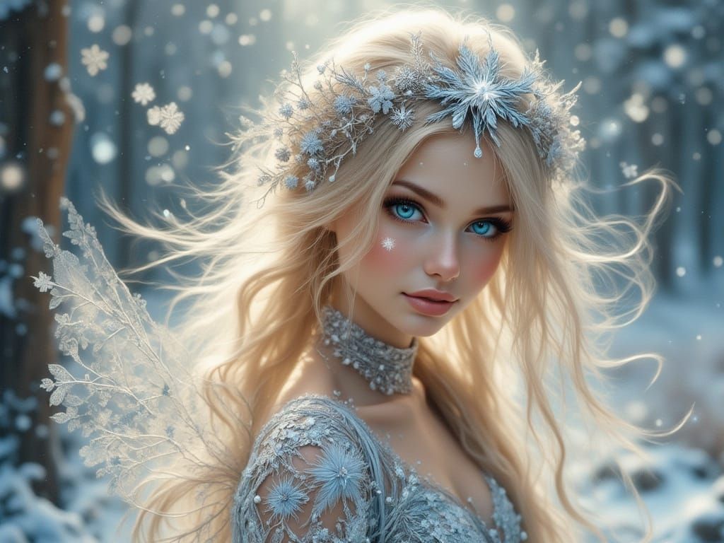 Blonde Snowflake Fairy in Magical Winter Forest
