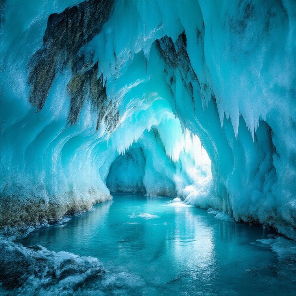 Glowing Ice Cave with Crystalline Waterfalls