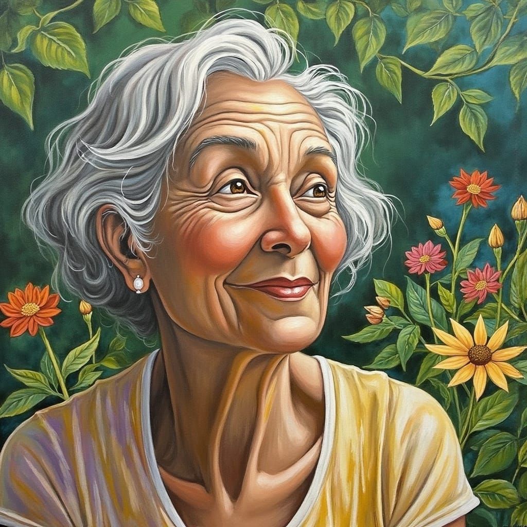 Elderly Woman in Garden, Impressionistic Portrait