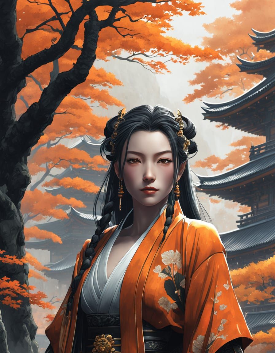 Elderly Samurai's Sardonic Grin in Misty Temple