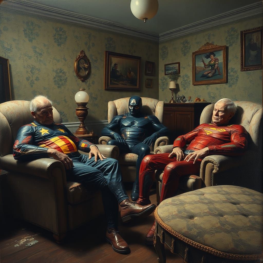 Aged Superheroes in Retirement Home, Oil Painting