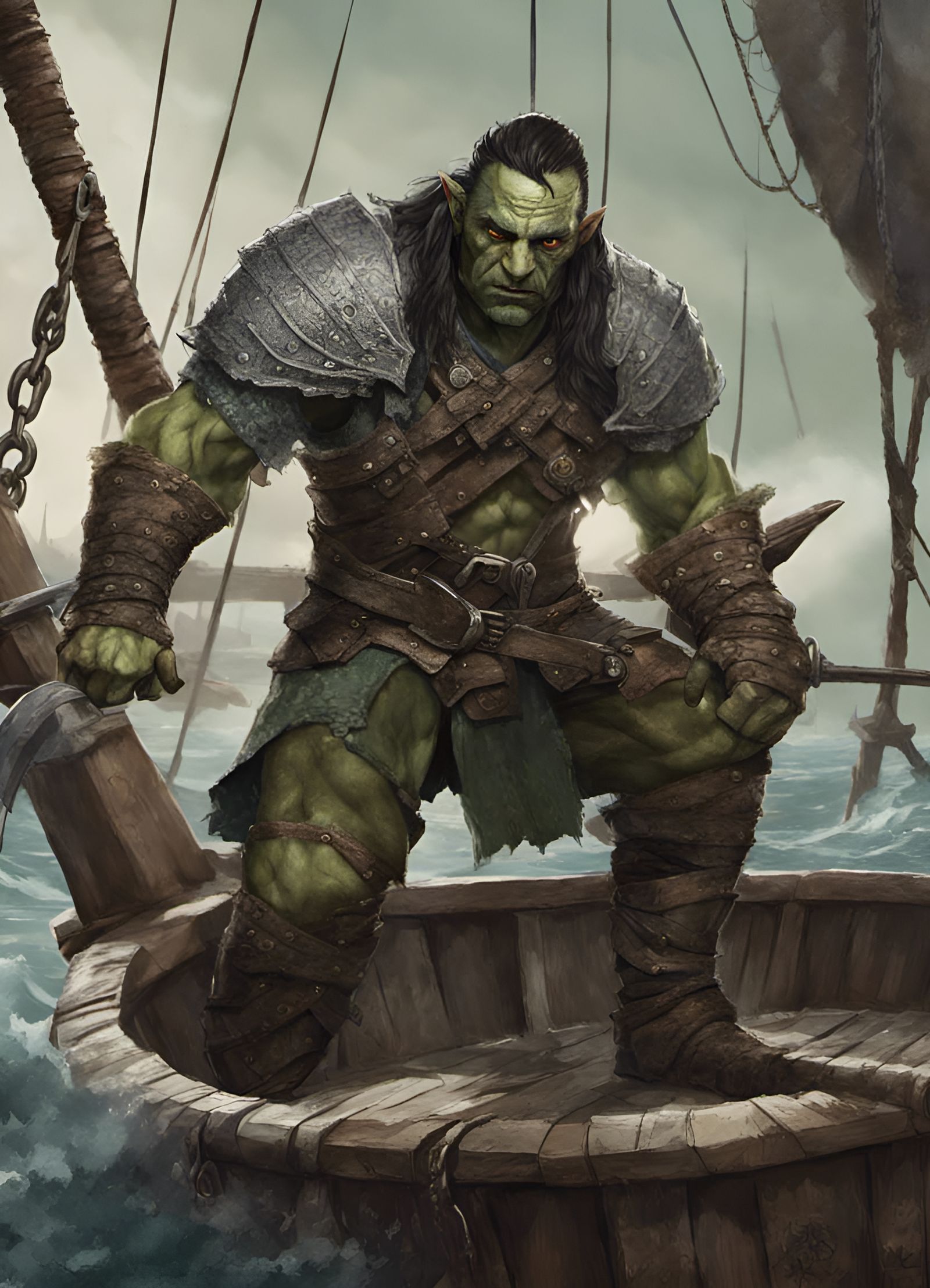 Hyperrealistic Half-Orc Pirate Warrior on a Boat
