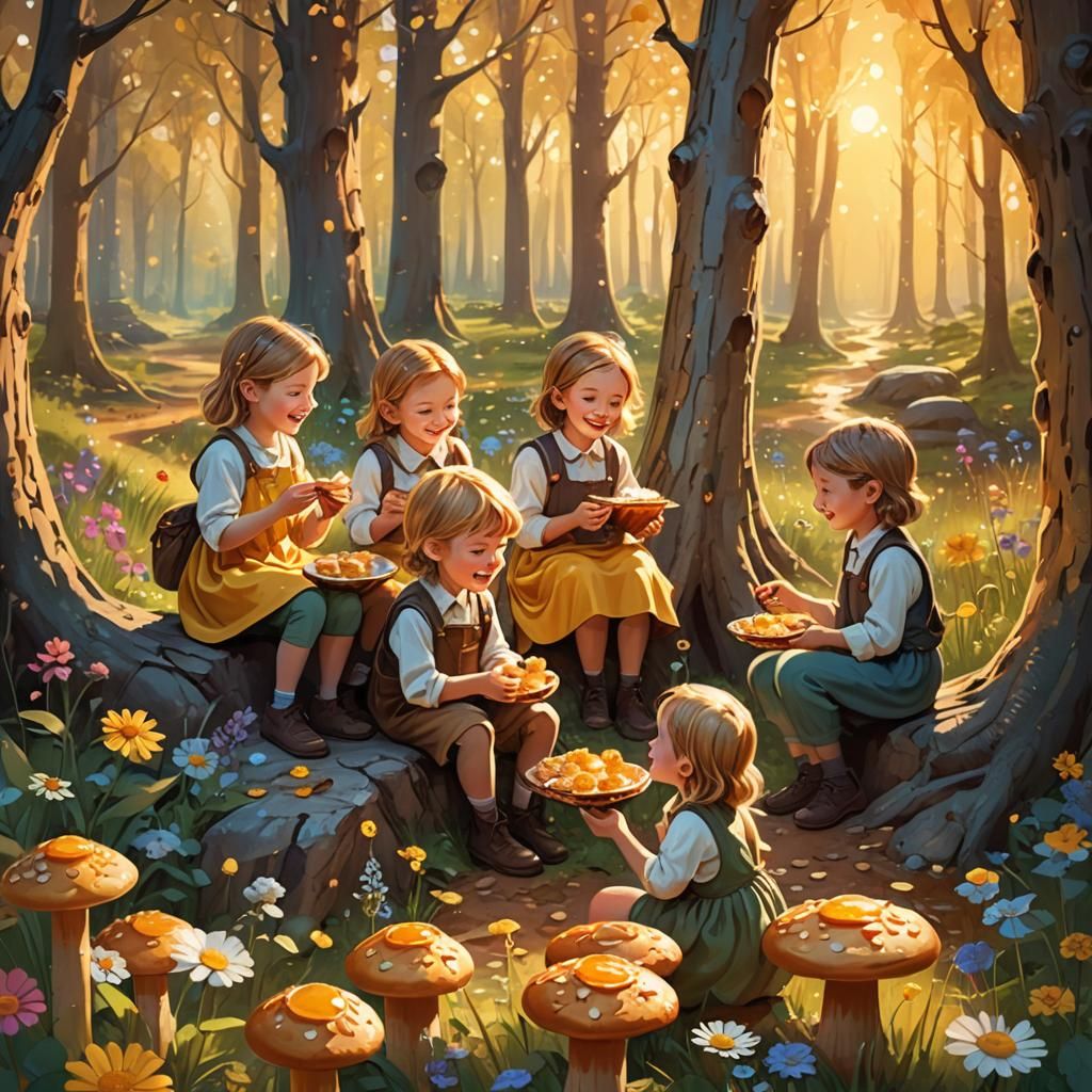 Cartoon Children Enjoy Honey Muffins in Magical Woods