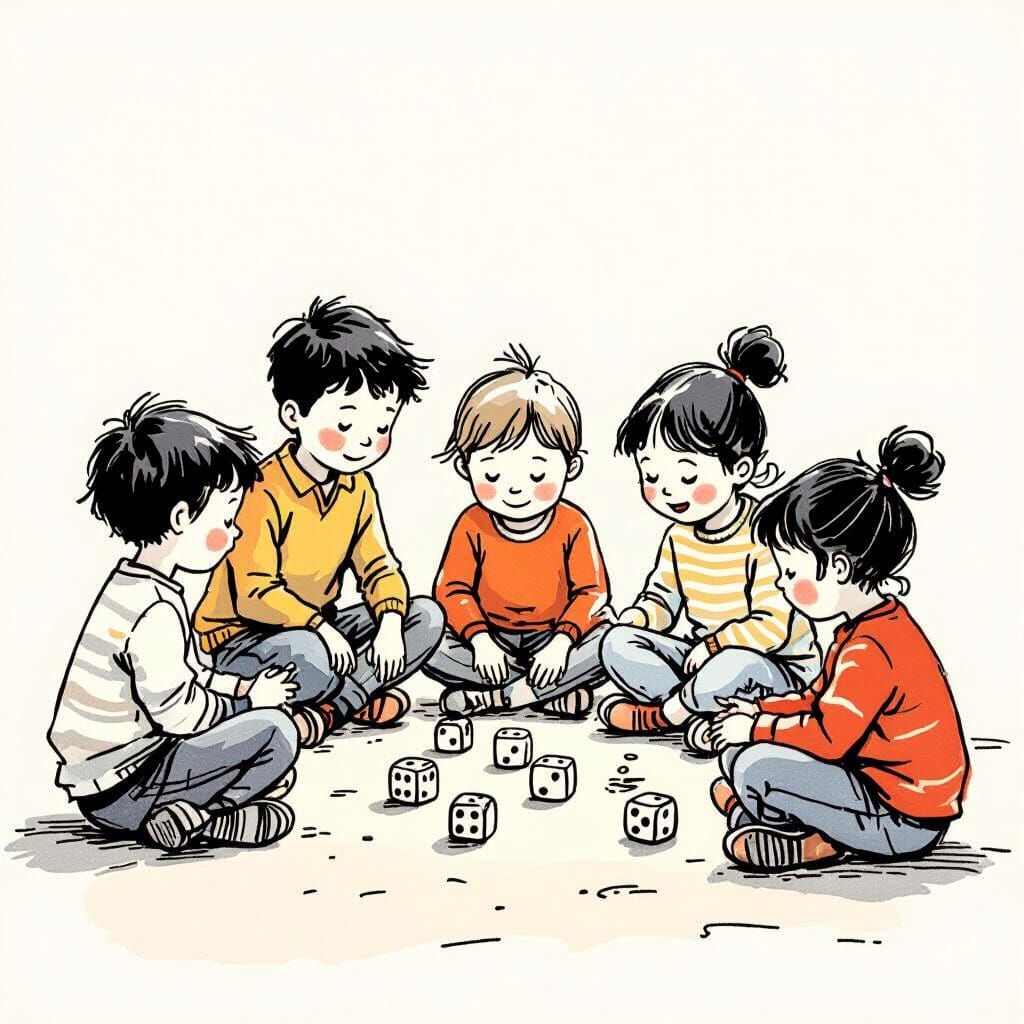 Quentin Blake Style Children Playing Dice Line Drawing