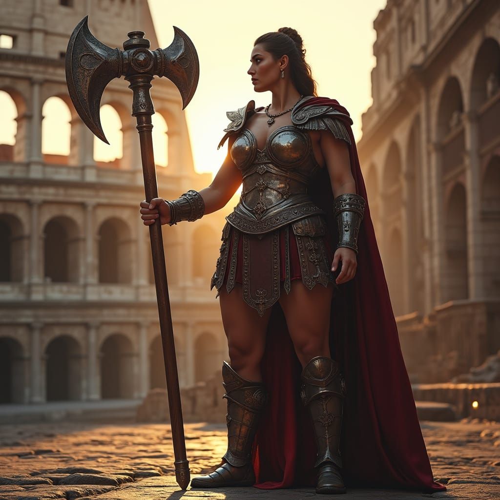 Majestic Plus-Sized Gladiator Woman in Colosseum, Holding Ba...