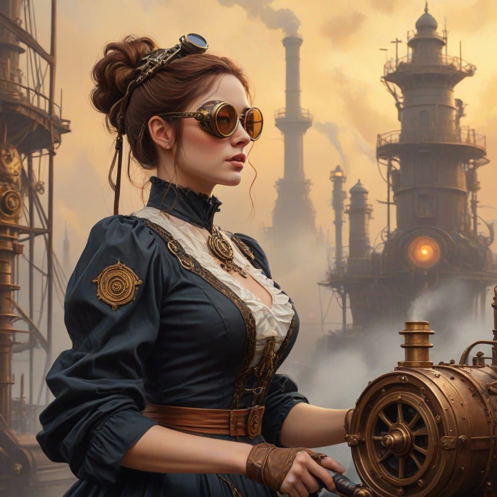 Steampunk Woman Operating Steam Device in Gurney Style