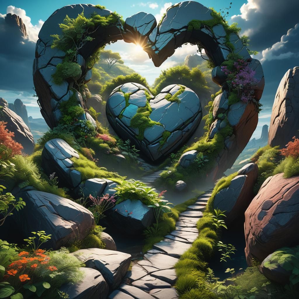 Floating Heart Rock Formation in Fantasy Landscape