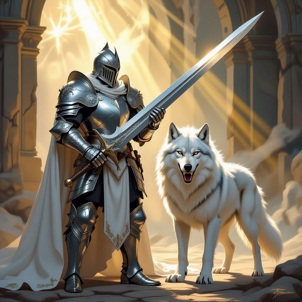 Heavenly Knight and Dire Wolf in Epic Fantasy Art
